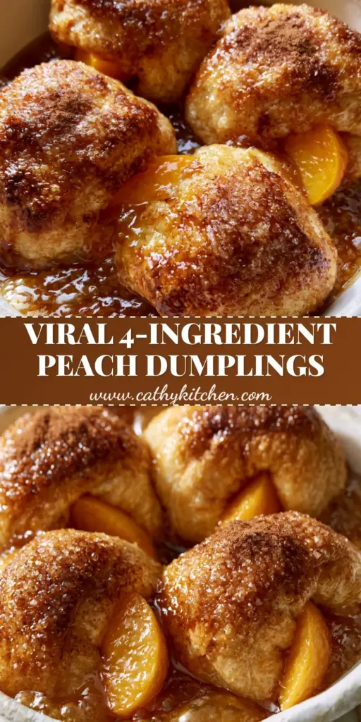 A close-up view of four golden-brown Peach Dumplings in a white dish with bubbling amber syrup and sugar crystals on top.
