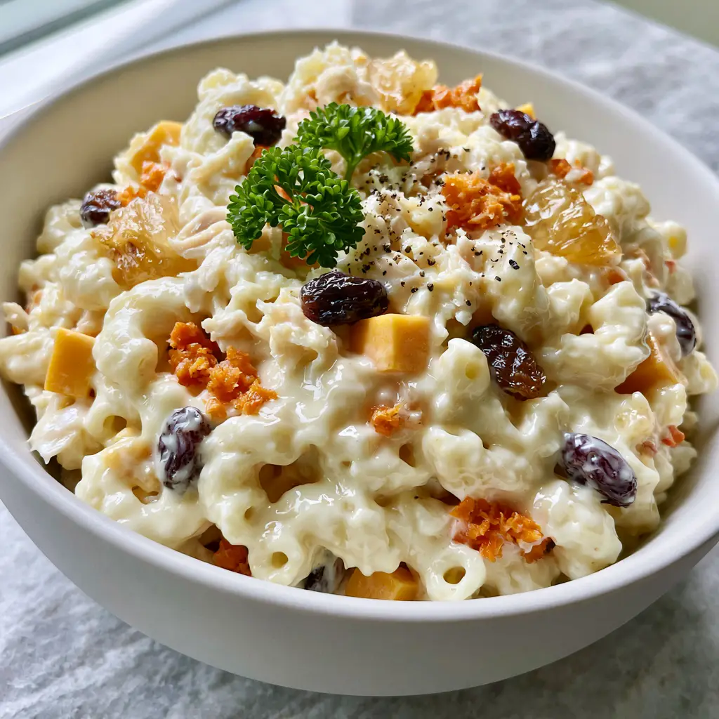Top-down view of chicken macaroni salad with visible raisins, carrots, and thick mayo dressing. (chicken macaroni salad)