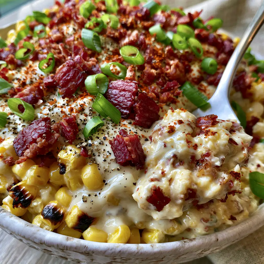 Close-up of a silver spoon lifting a creamy portion of crack corn salad from a white bowl.