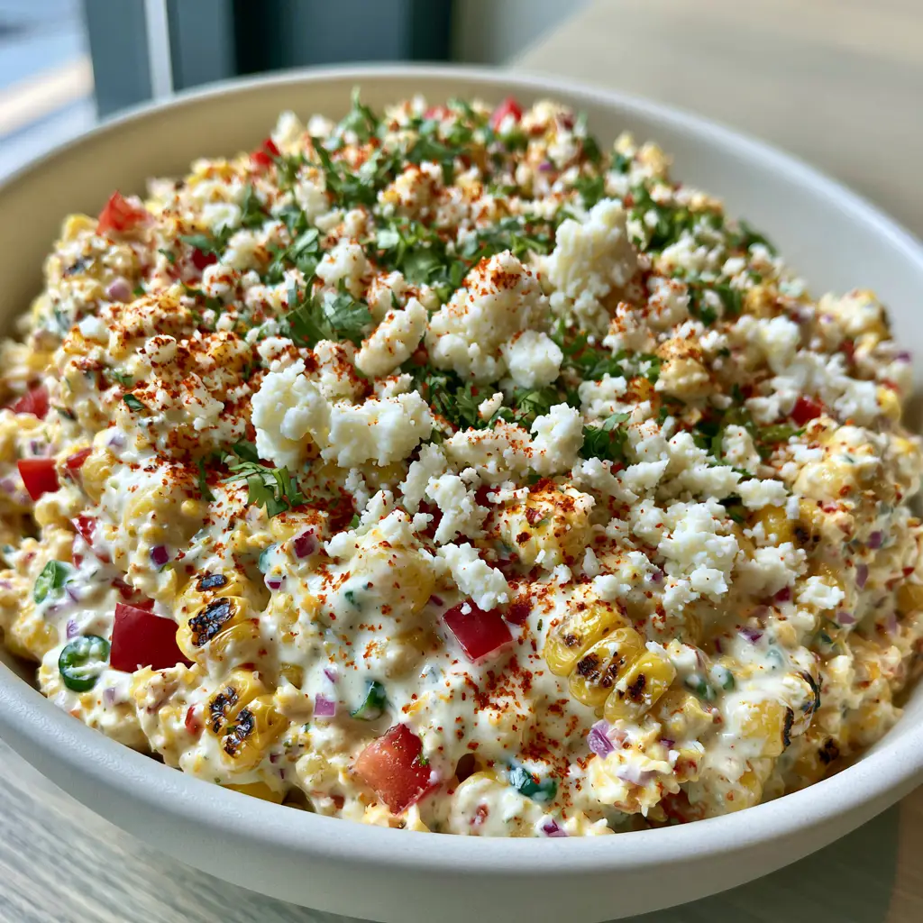 Creamy Corn Salad with Charred Sweet Corn and Lime Crema 1 Creamy corn salad being tossed in a matte white bowl with fresh cilantro and red bell peppers.