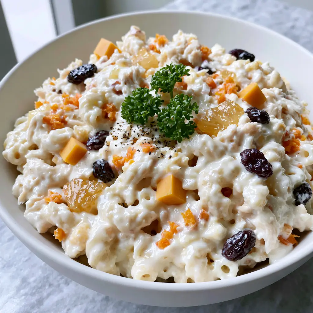 Close up of shredded chicken and cubed cheddar in a creamy macaroni salad base.