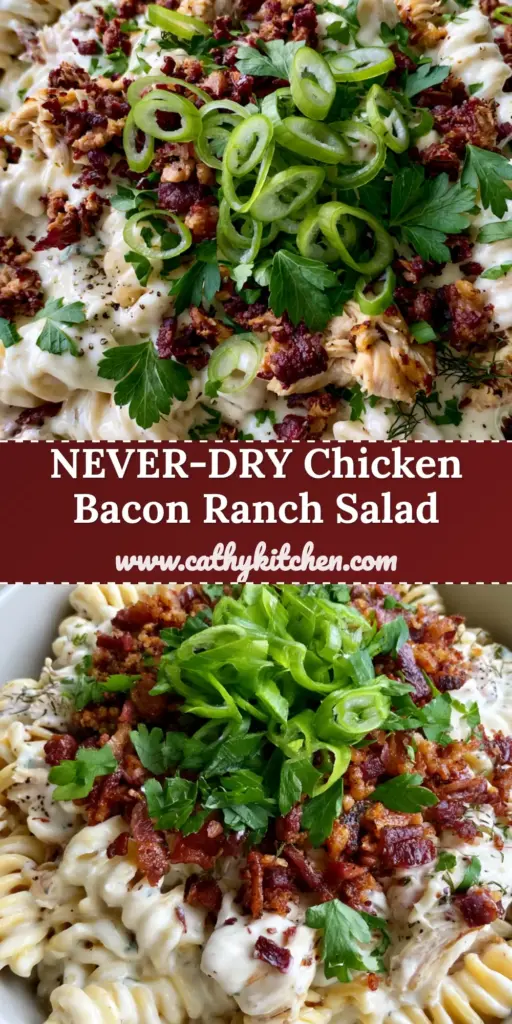 A top-down Pinterest pin showing Chicken Bacon Ranch Pasta Salad with rotini, shredded chicken, mahogany bacon, and glossy ranch dressing in a white bowl.