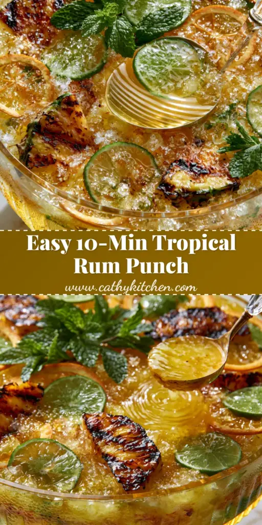 Pineapple Rum Punch: The Ultimate Tropical Party Bowl Recipe 4 A tall, refreshing glass and a bowl of golden-yellow pineapple rum punch with grilled pineapple and mint. (pineapple rum punch)