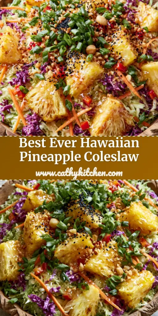 A vibrant Hawaiian coleslaw with pineapple chunks, purple cabbage, and macadamia nuts in a wooden bowl. (Hawaiian coleslaw)