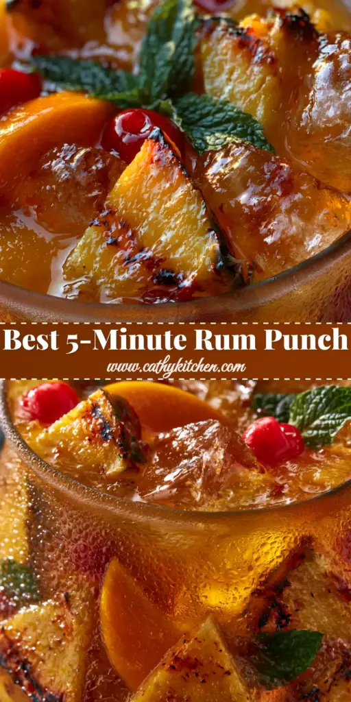 A luxury Jamaican Rum Punch in a crystal glass with distinct sunset layers of red grenadine, orange juice, and amber dark rum, garnished with pineapple and mint.