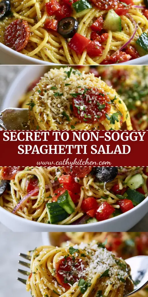 Spaghetti Salad: The Ultimate Zesty Italian Pasta Salad Guide 4 A vibrant Spaghetti Salad in a large white bowl featuring glistening noodles, pepperoni circles, and fresh vegetables.