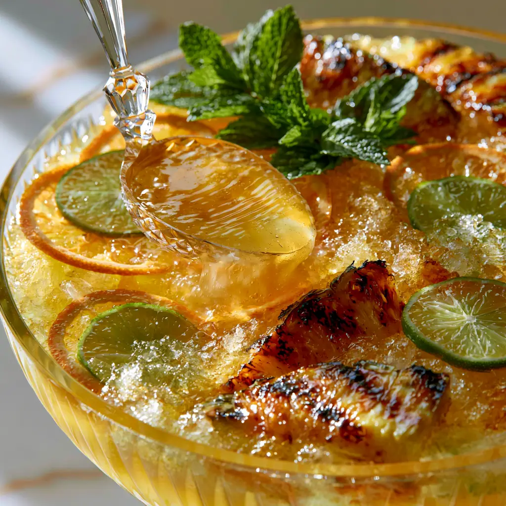 Pineapple Rum Punch: The Ultimate Tropical Party Bowl Recipe 2 Extreme close-up of a glass punch bowl with vibrant golden pineapple rum punch, charred pineapple, and citrus slices. (pineapple rum punch)