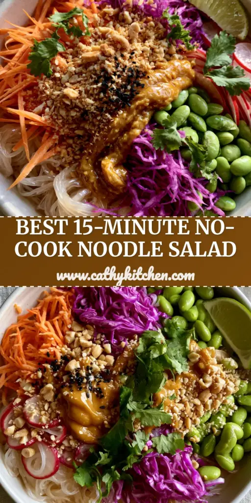 A top-down view of a vibrant noodle salad in a white bowl featuring purple cabbage, carrots, edamame, and a golden peanut dressing ribbon.