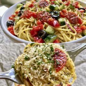 Vertical split-screen showing a bowl of Spaghetti Salad and a close-up fork lift with glistening noodles.