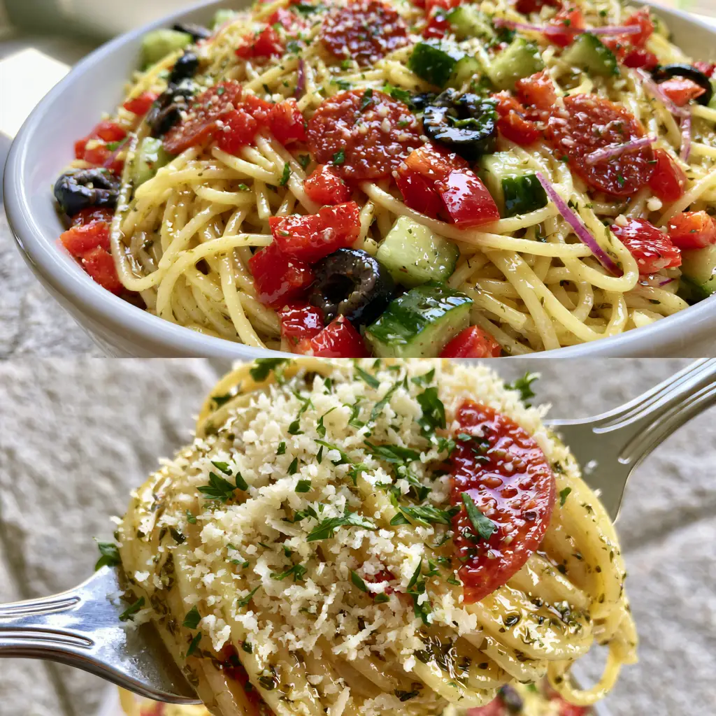 Spaghetti Salad: The Ultimate Zesty Italian Pasta Salad Guide 2 Vertical split-screen showing a bowl of Spaghetti Salad and a close-up fork lift with glistening noodles.