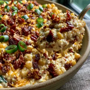 Macro close-up of Crack Corn Salad showing the thick velvety dressing and deep mahogany bacon. (Crack Corn Salad)