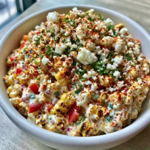 High-angle photo of creamy corn salad on a wooden table with sun-yellow corn and green jalapeños. (creamy corn salad)