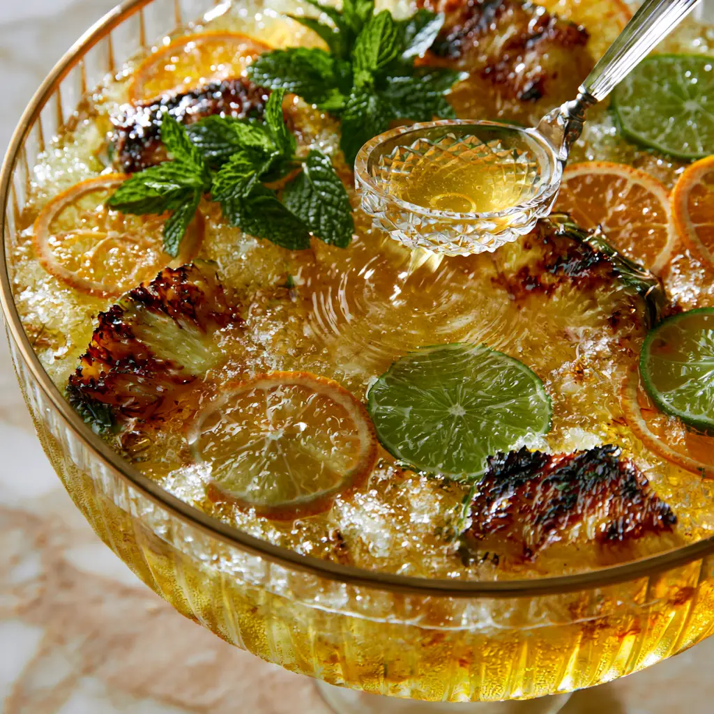 Pineapple Rum Punch: The Ultimate Tropical Party Bowl Recipe 1 A crystal ladle scooping vibrant pineapple rum punch from a bowl filled with crushed ice and mint.