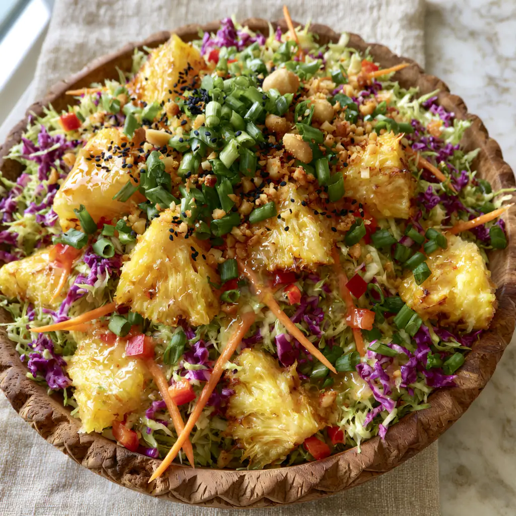 Overhead view of Hawaiian coleslaw with honey-lime dressing and black sesame seeds garnish.