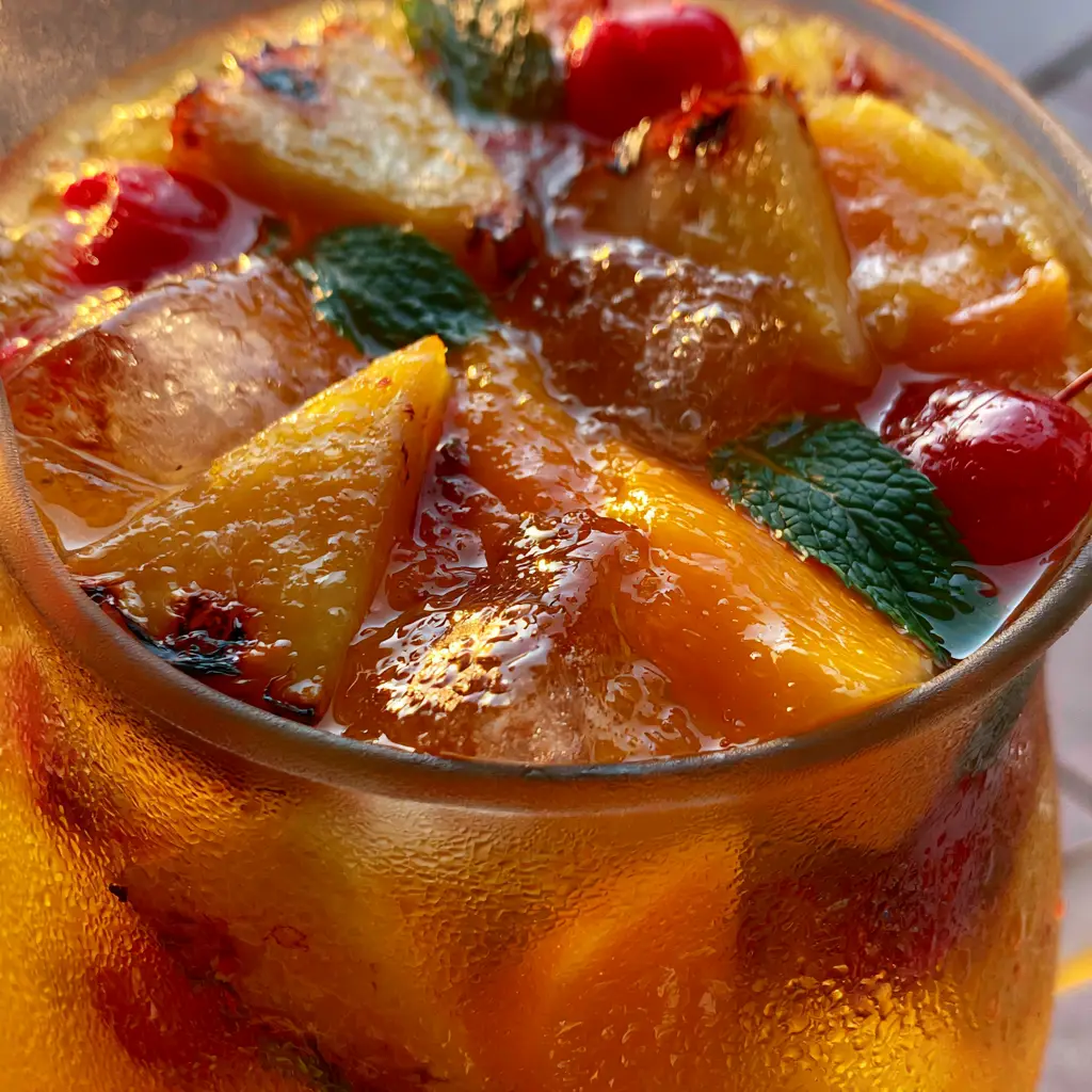 Close up shot of a frosted glass pitcher of tropical Rum Punch with fresh fruit garnishes.