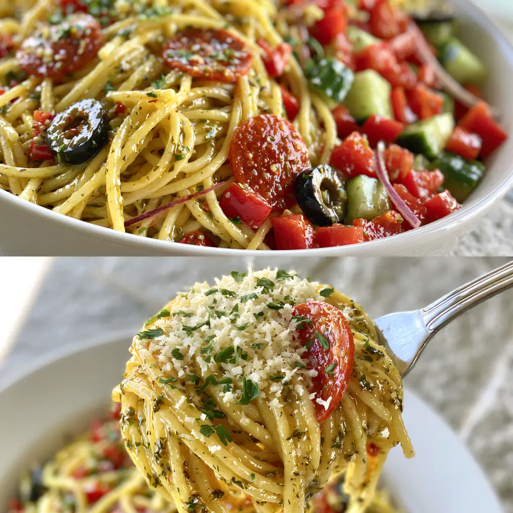 Spaghetti Salad: The Ultimate Zesty Italian Pasta Salad Guide 1 Close-up of Spaghetti Salad showcasing pepperoni, red bell peppers, and finely grated parmesan cheese.