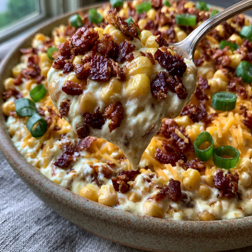 Crack Corn Salad: The Ultimate Creamy, Cheesy, and Extra-Crispy Bacon Side Dish 1 A silver spoon lifting a dripping portion of cheesy Crack Corn Salad. (Crack Corn Salad)