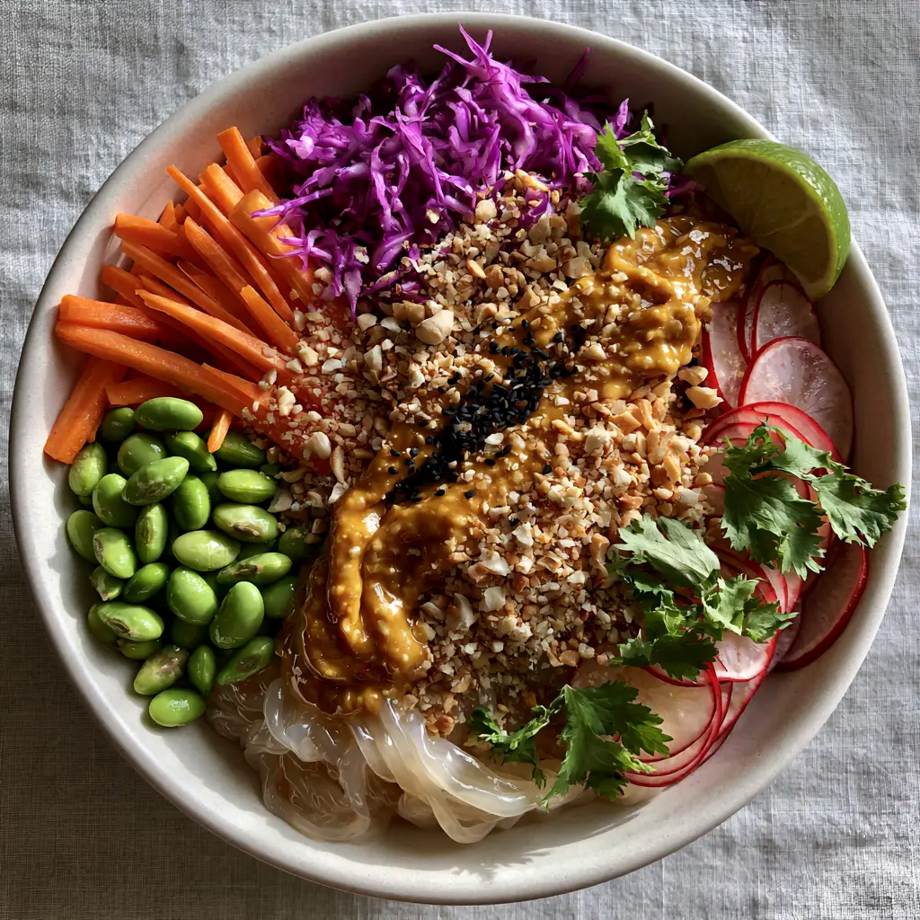 Aesthetic arrangement of julienned carrots, purple cabbage, and radishes in a noodle salad bowl.