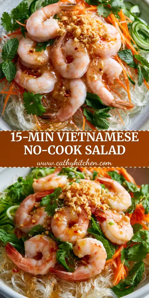A professional food photography shot of a Vietnamese glass noodle salad in a light gray ceramic bowl with plump shrimp and fresh herbs.