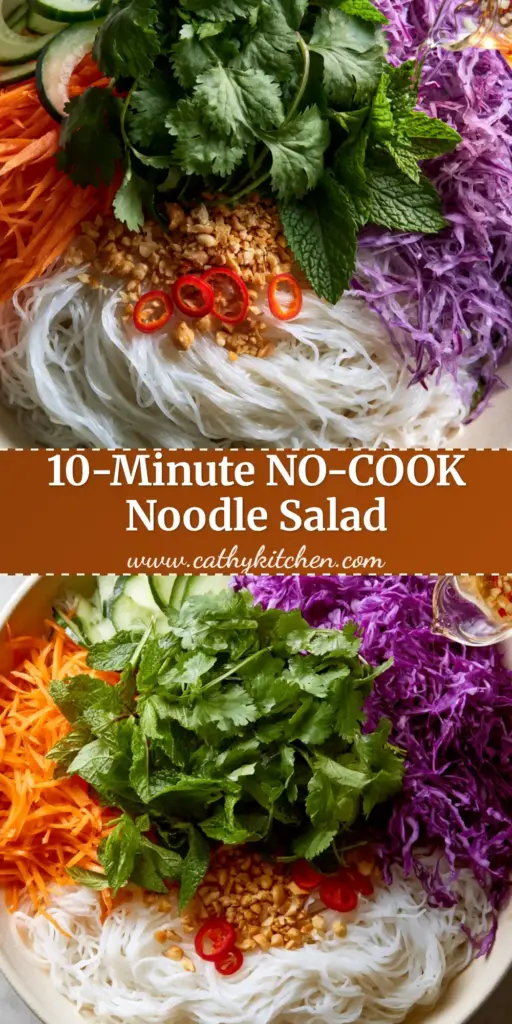 A vibrant top-down shot of a Vermicelli noodle salad in a cream bowl, featuring translucent noodles, purple cabbage, orange carrots, and fresh mint.