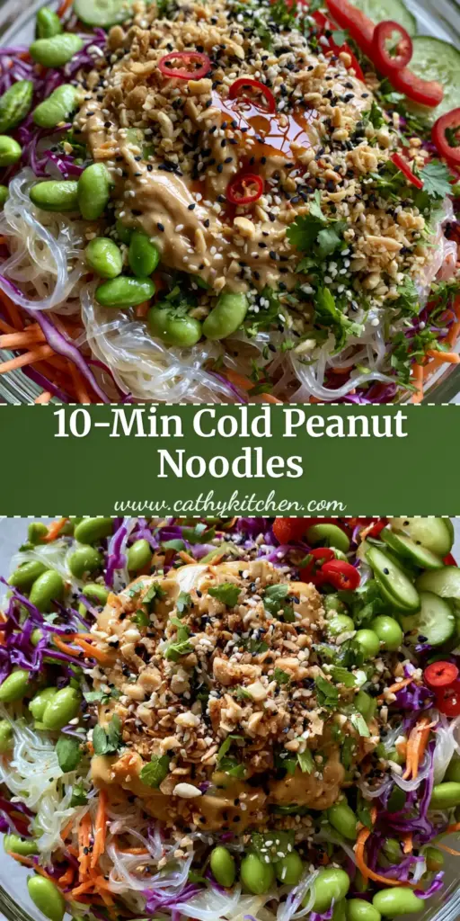 A top-down vibrant glass bowl of vegetable rice noodle salad with glossy vermicelli, purple cabbage, and creamy peanut drizzle.