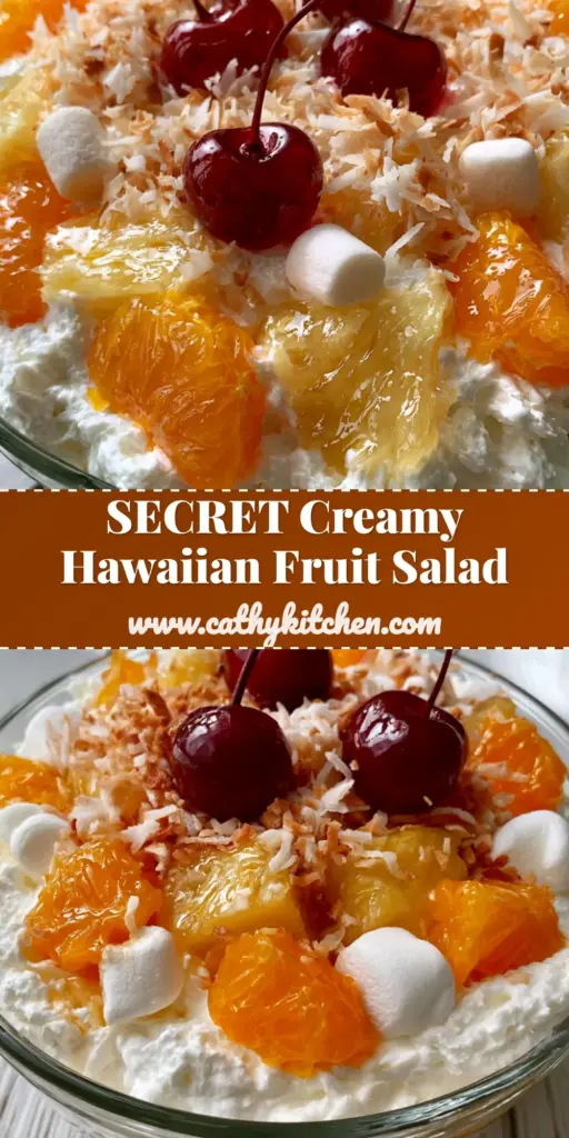 A close-up, top-down shot of a Hawaiian fruit salad in a luxury glass bowl, featuring fluffy whipped cream, golden pineapple, and bright maraschino cherries.