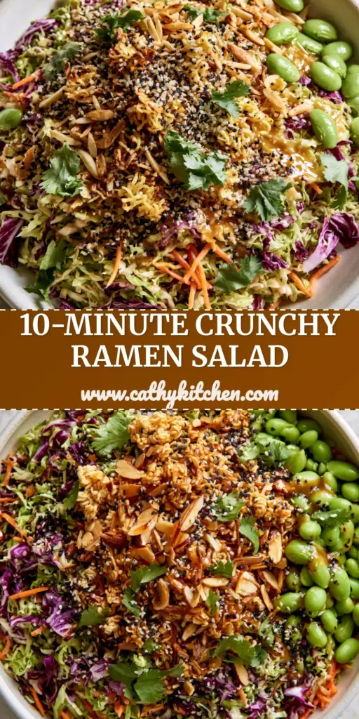 A vibrant Ramen noodle salad with toasted almonds and edamame in a white bowl.