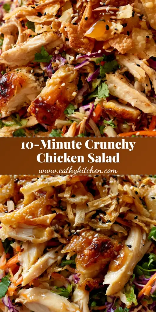 A towering Crunchy Chinese Chicken Salad in a white ceramic bowl featuring shredded rotisserie chicken, purple cabbage, and golden wonton strips. (Chinese Chicken Salad)