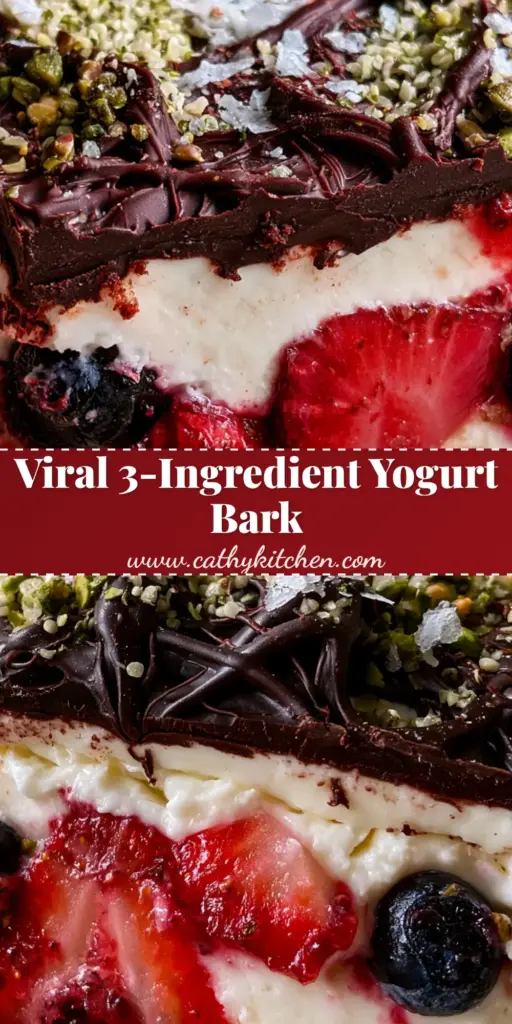 A close-up of a thick piece of frozen yogurt bark with strawberries and a chocolate drizzle. (frozen yogurt bark)