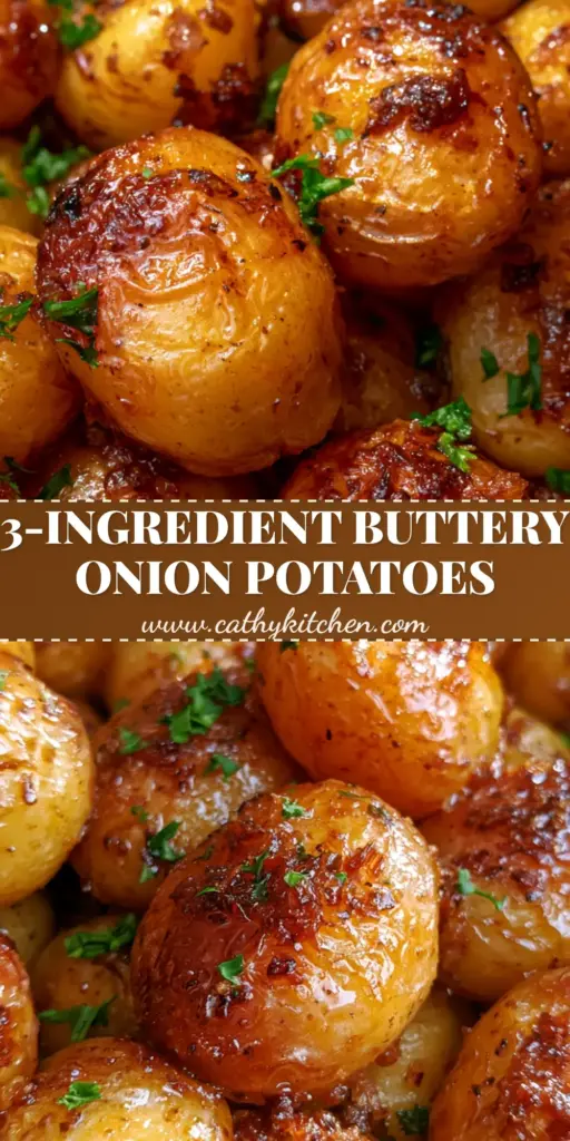 A macro top-down view of golden Slow Cooker Lipton Onion Potatoes glistening with melted butter and caramelized onion flakes in a dark ceramic pot.