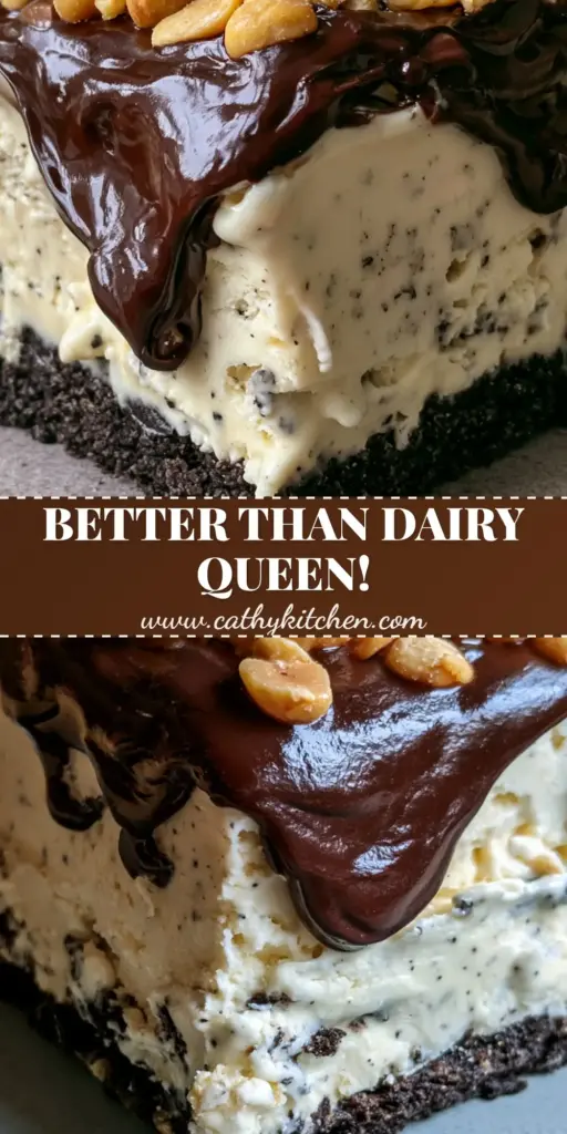 A thick square slice of Buster Bar Ice Cream Cake with a dark cookie crust, vanilla bean ice cream, and glossy fudge with peanuts on a grey plate.