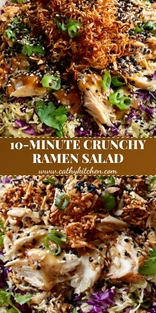 A close-up shot of a vibrant ramen Chinese chicken salad in a cream bowl, featuring toasted ramen, purple cabbage, and sesame seeds.