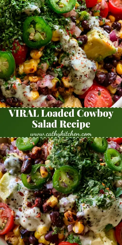 A top-down macro view of a Loaded Cowboy Salad featuring charred corn, black beans, and creamy dressing in a white bowl. (Loaded Cowboy Salad)