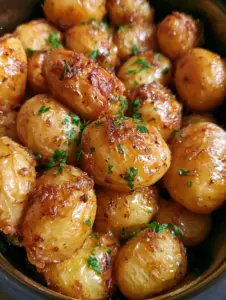 Close-up of roasted baby yellow potatoes with wrinkled skins and savory brown onion sauce. (Slow Cooker Lipton Onion Potatoes)