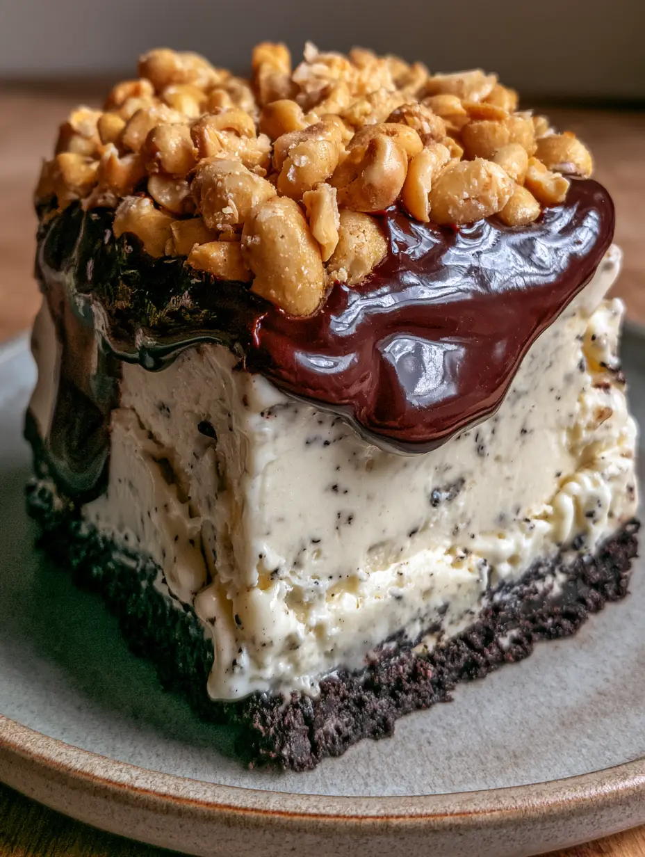 Extreme close-up side profile of Buster Bar Ice Cream Cake showing vanilla bean flecks and cascading dark chocolate fudge.
