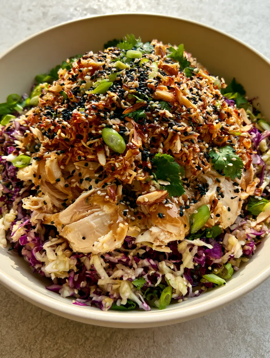 Macro handheld photo of ramen Chinese chicken salad showing the glossy sesame ginger dressing and toasted almond textures.