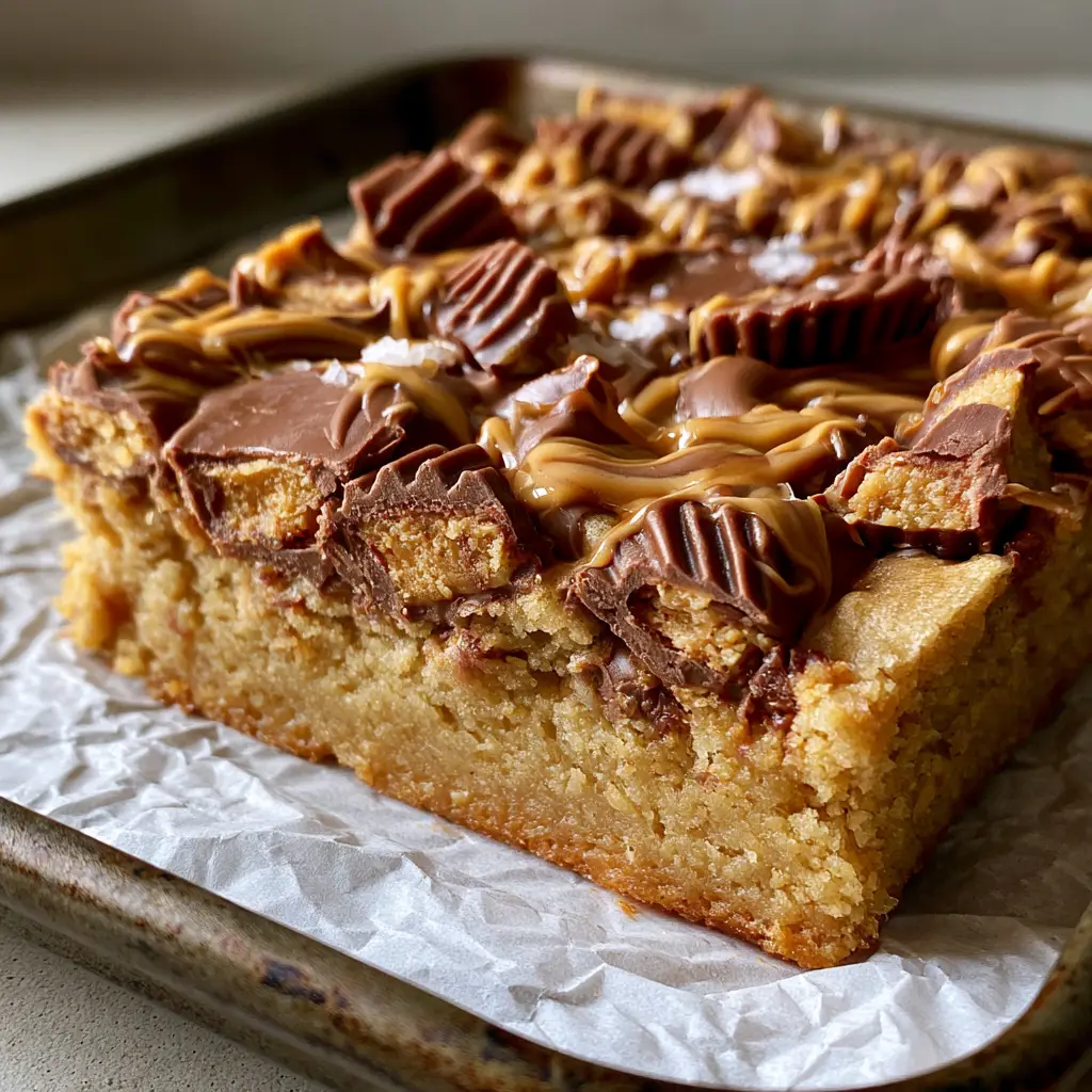 A close up of Peanut Butter Cup Cookie Bars on white parchment paper inside a rustic dark metal pan. (Peanut Butter Cup Cookie Bars)