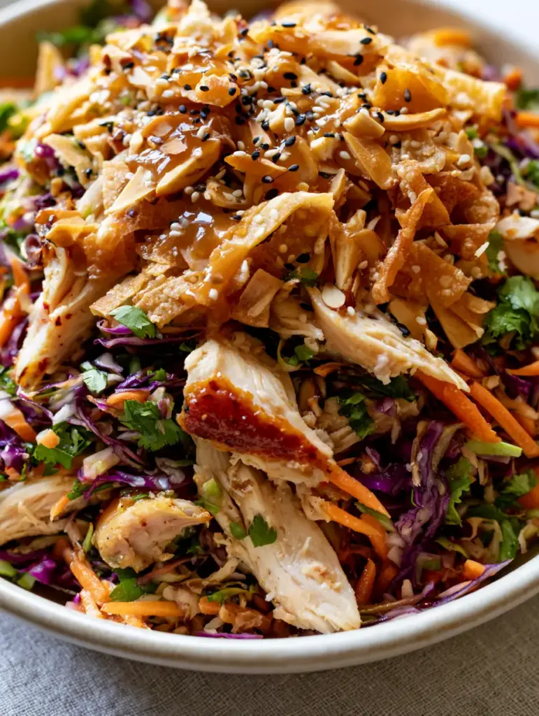 Handheld smartphone photo of a Chinese Chicken Salad piled high with golden wonton strips and shredded chicken skin.