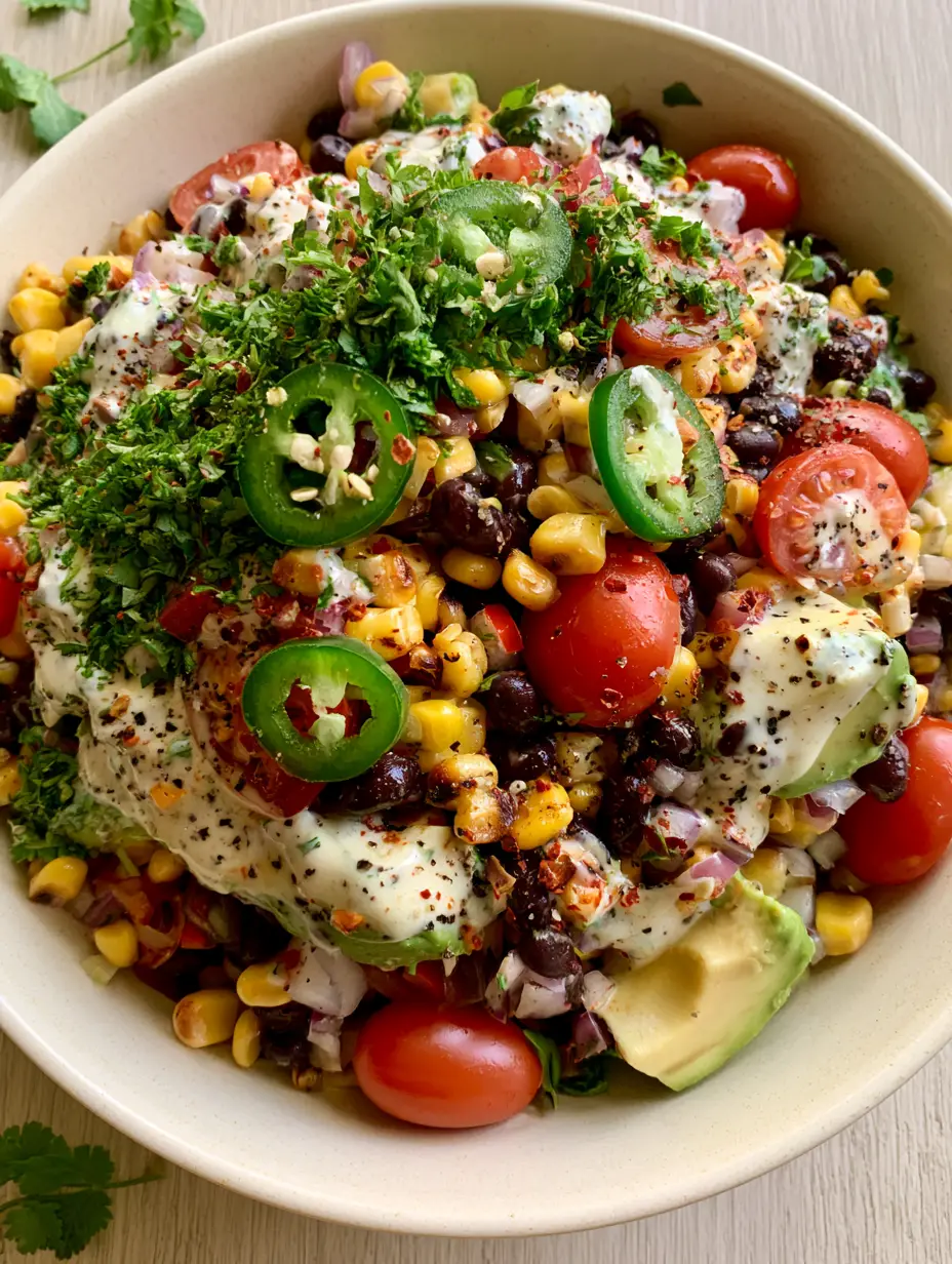 Macro photograph of charred corn kernels and glossy black beans in a Loaded Cowboy Salad. (Loaded Cowboy Salad)