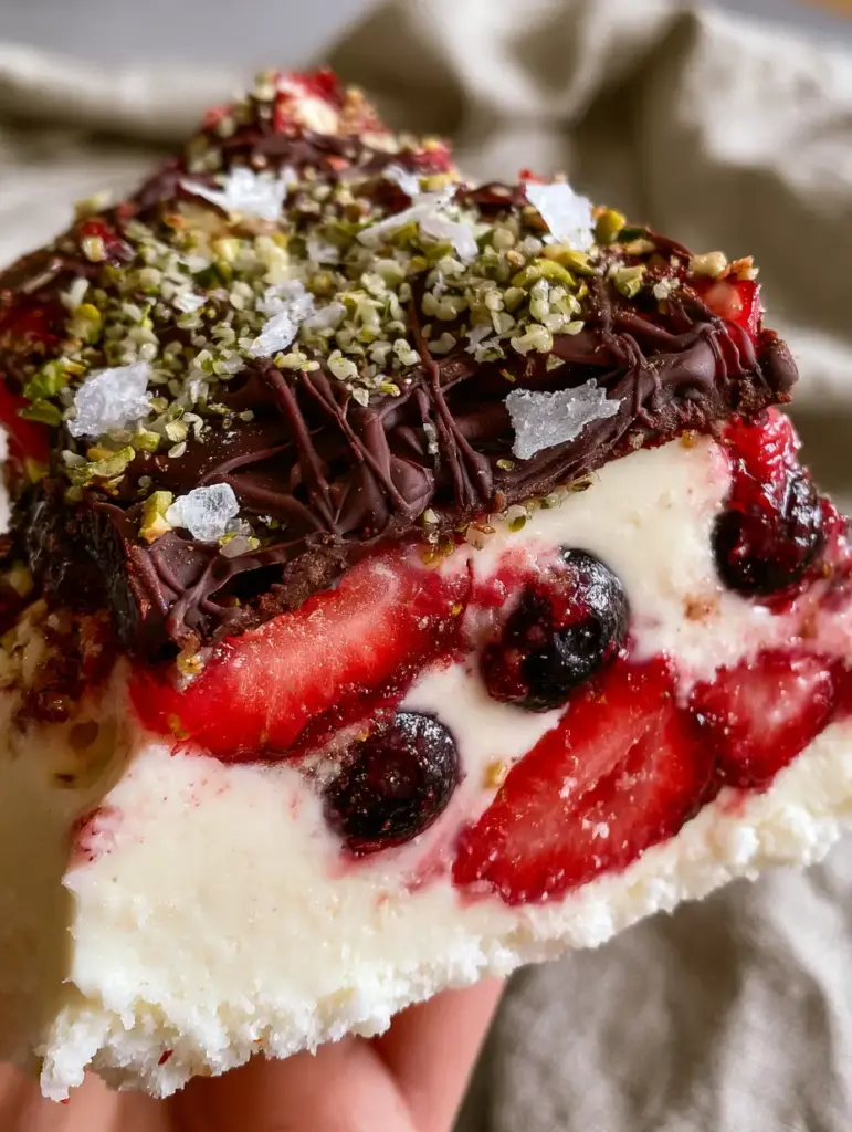 Close up of glossy dark chocolate drizzle and crushed pistachios on frozen yogurt bark.