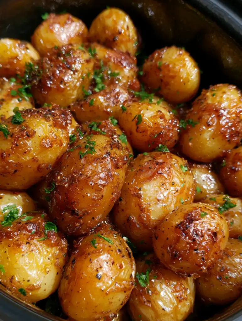 Golden baby yellow potatoes coated in Lipton onion soup mix and butter in a slow cooker. (Slow Cooker Lipton Onion Potatoes)