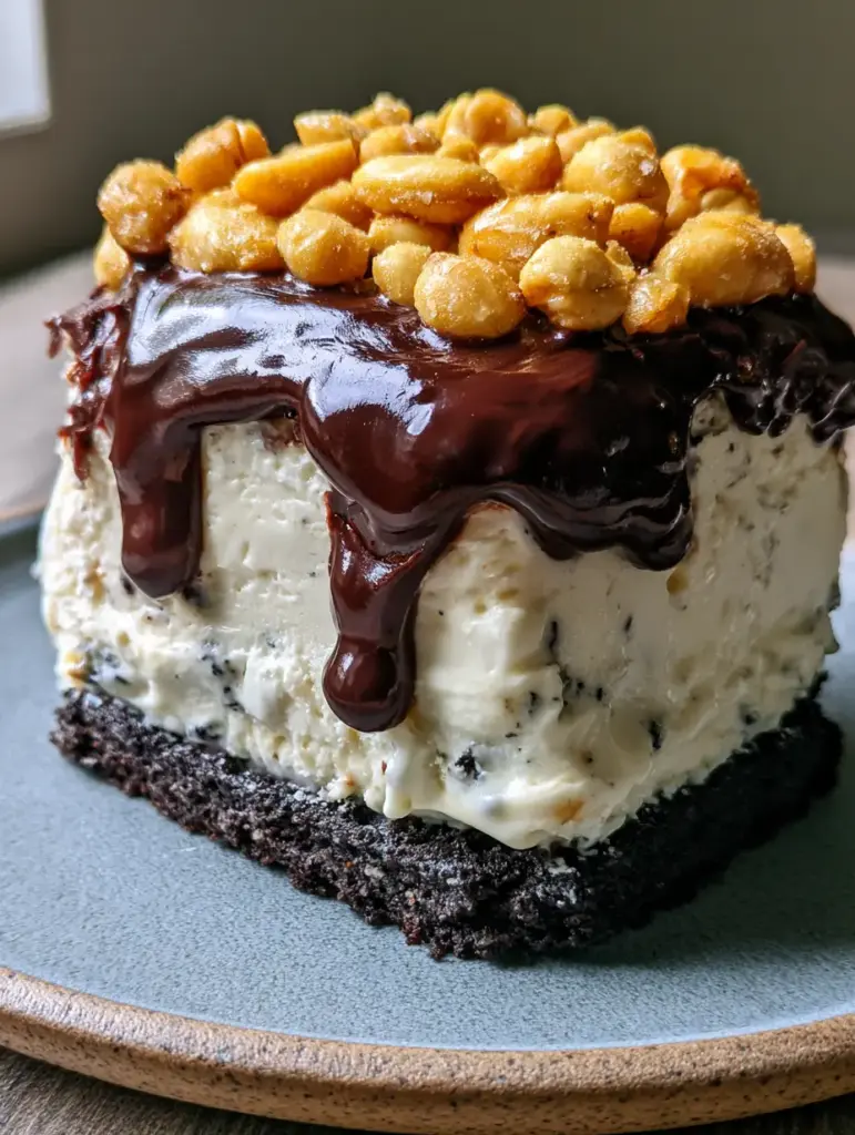 Whole golden-roasted salted peanuts embedded in glossy dark chocolate fudge on top of an ice cream cake.