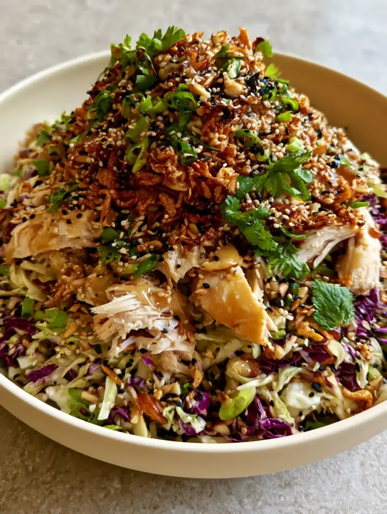 Wide angled overhead view of a shallow matte cream bowl filled with shredded napa cabbage and rotisserie chicken. (ramen Chinese chicken salad)