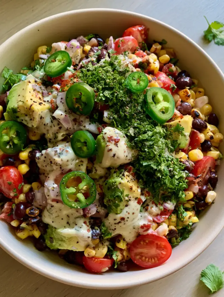 Overhead shot of a Loaded Cowboy Salad with sliced jalapeños and buttery avocado chunks. (Loaded Cowboy Salad)