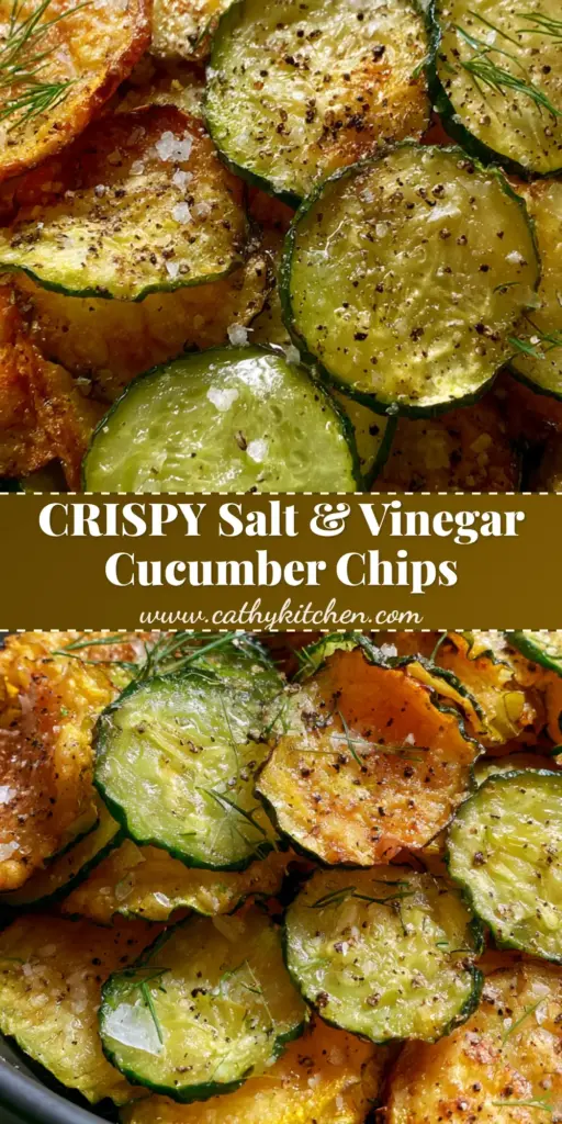 A pile of golden-brown oven baked cucumber chips in a matte charcoal bowl with fresh dill and salt flakes.