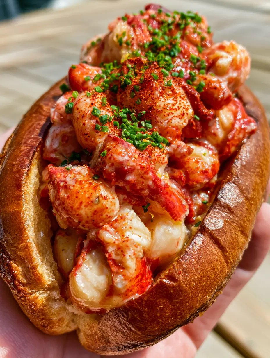 Lobster Rolls: The Ultimate Butter-Drenched Maine Style Recipe 3 Close up handheld photo of a Lobster Roll with deep golden mahogany toasted bun and bright red claw meat. (Lobster Rolls)
