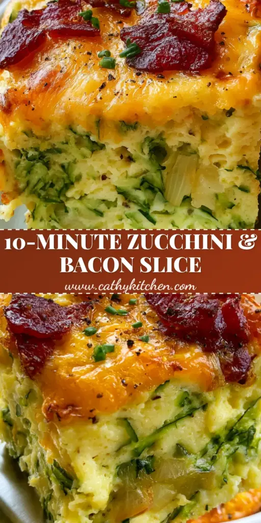 A handheld square of zucchini and bacon slice held on a silver spatula, showing a golden cheddar crust and moist green zucchini interior.