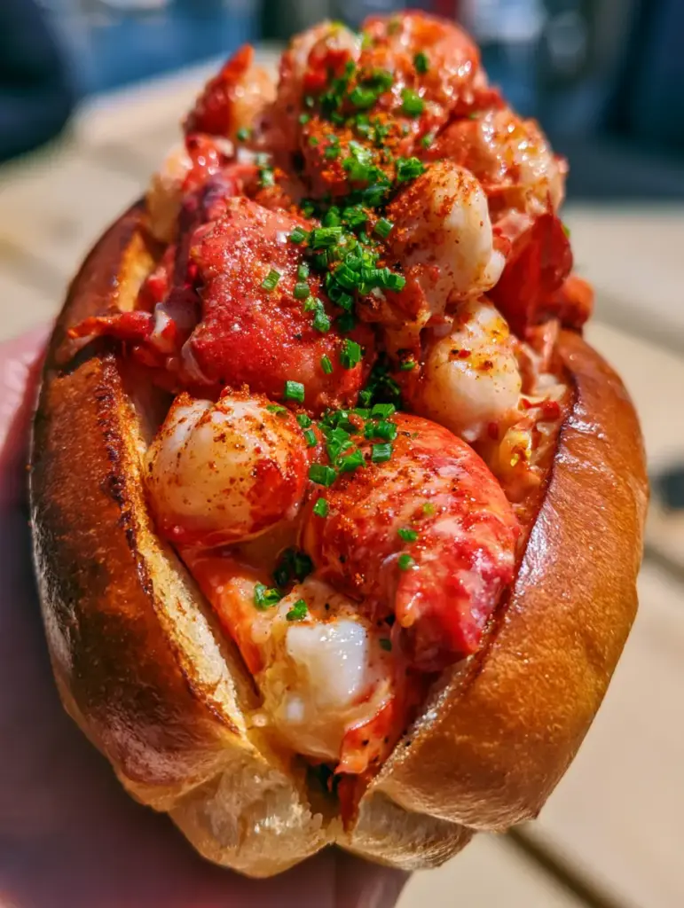 Lobster Rolls: The Ultimate Butter-Drenched Maine Style Recipe 1 Top view of overstuffed Lobster Rolls garnished with chives and smoked paprika.