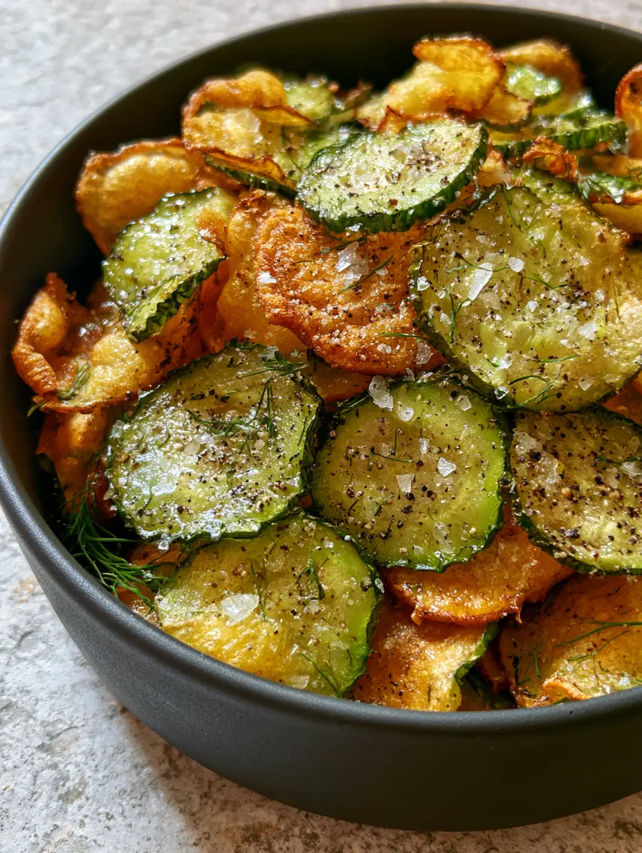 Close-up of ultra-crispy oven baked cucumber chips showing translucent green centers and crystalline Maldon salt texture.