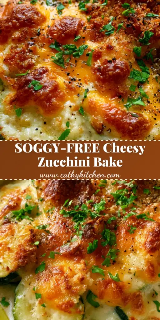 Cheesy Zucchini Bake with Garlic Cream Sauce and Toasted Parmesan Crust 4 Close-up of a cheesy zucchini bake in a white dish showing bubbling orange cheddar and a golden parmesan crust with fresh parsley.